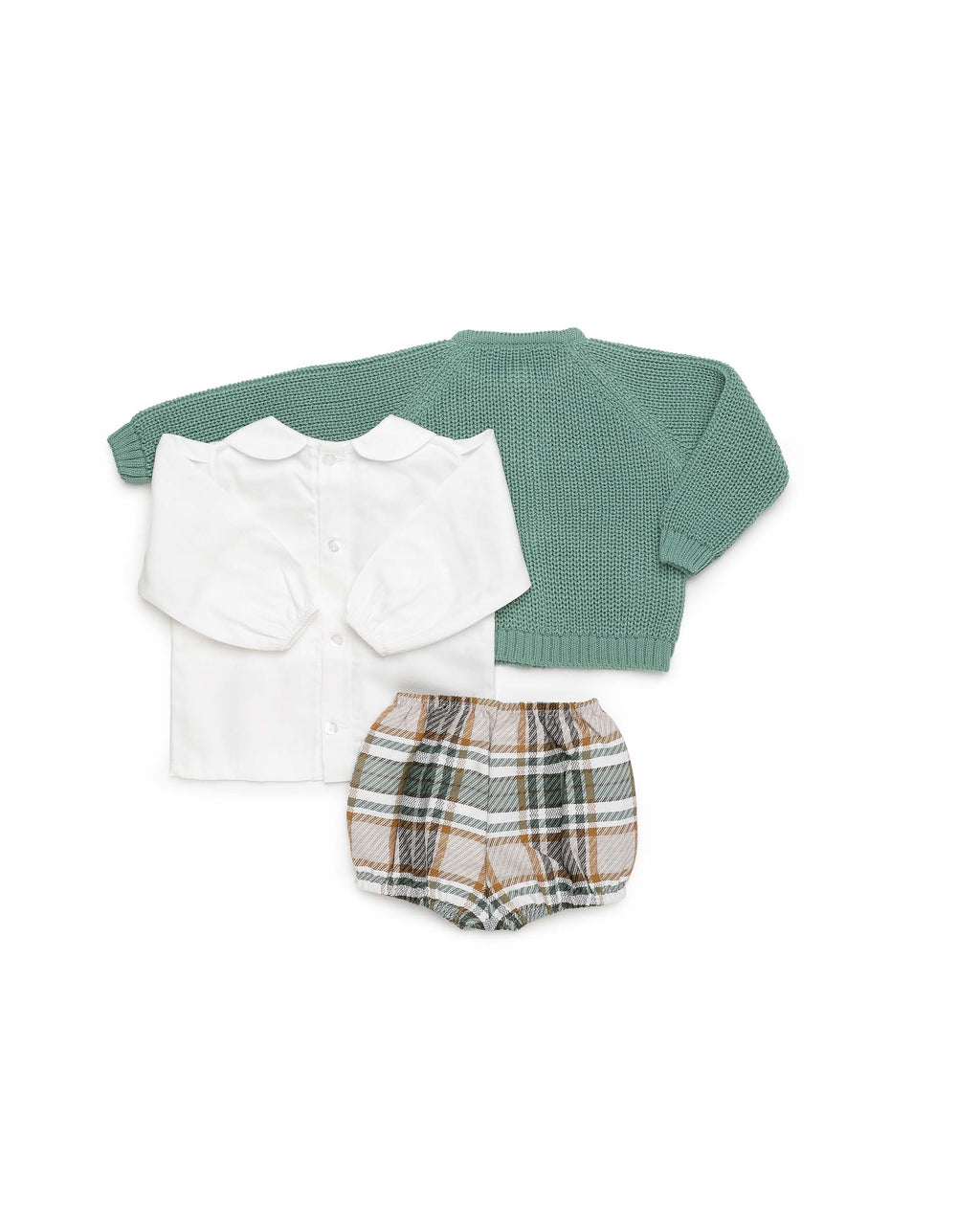 BABY SET WITH CHECKED FABRIC TROUSERS AND KNITTED JACKET 