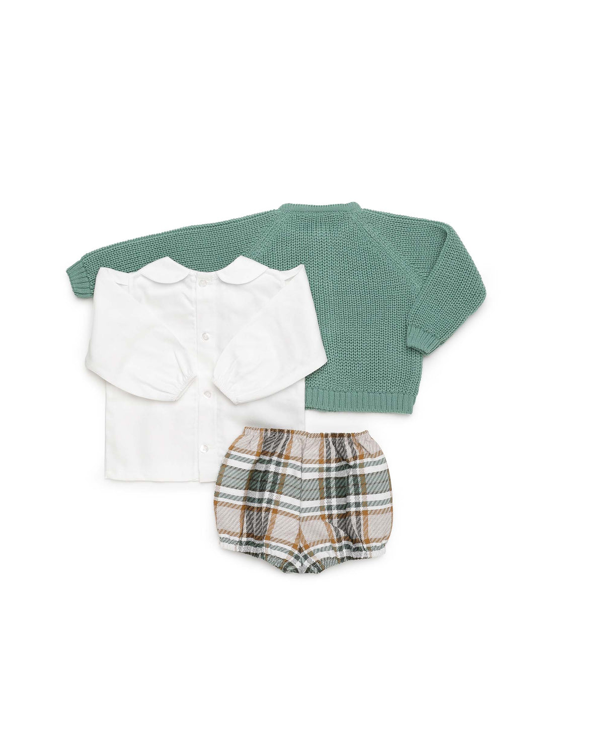 BABY SET WITH CHECKED FABRIC TROUSERS AND KNITTED JACKET 