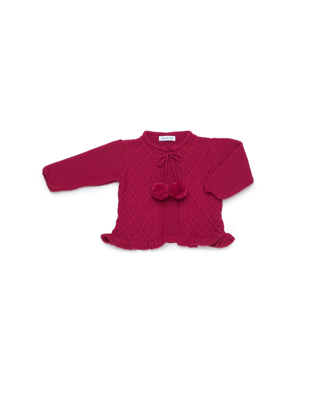 LONG ARAN KNIT JACKET WITH TWO POM-POMS 