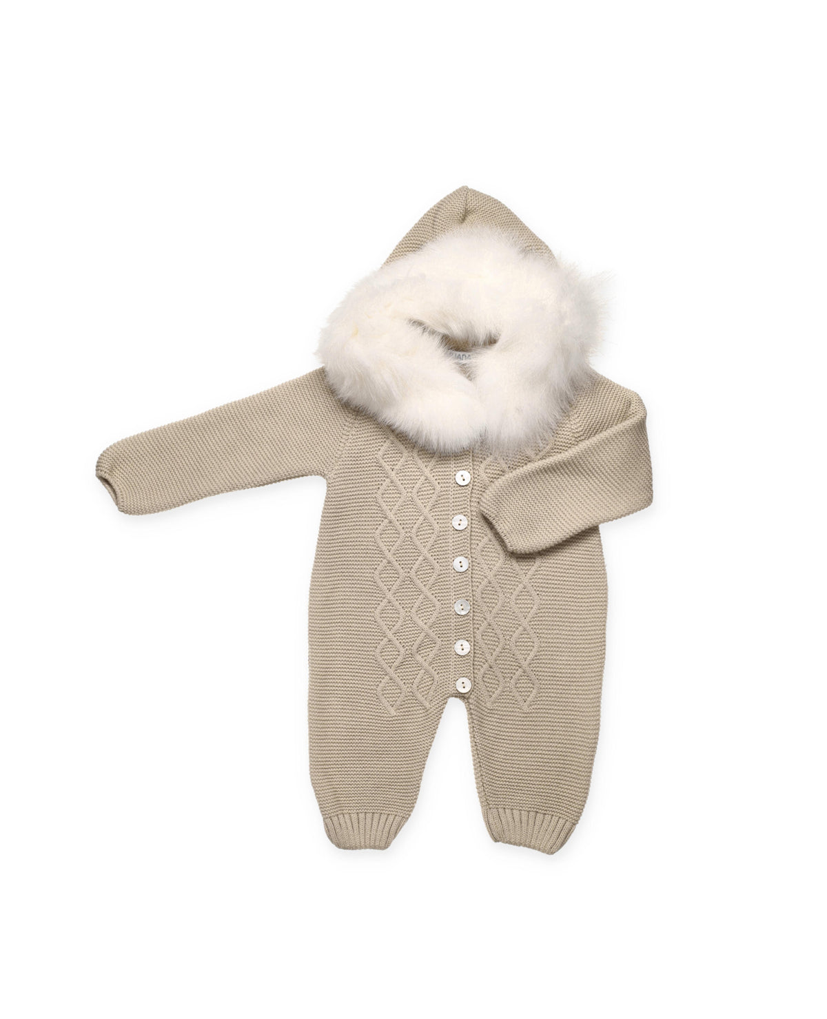 BABY KNITED ALL-IN-ONE WITH DIAMOND PATTERN AND FAUX FUR HOOD