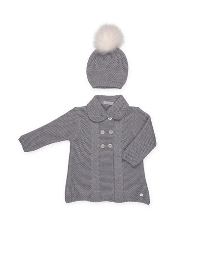 KNITTED COAT WITH CABLE KNIT, GATHERED DETAIL AND HOOD