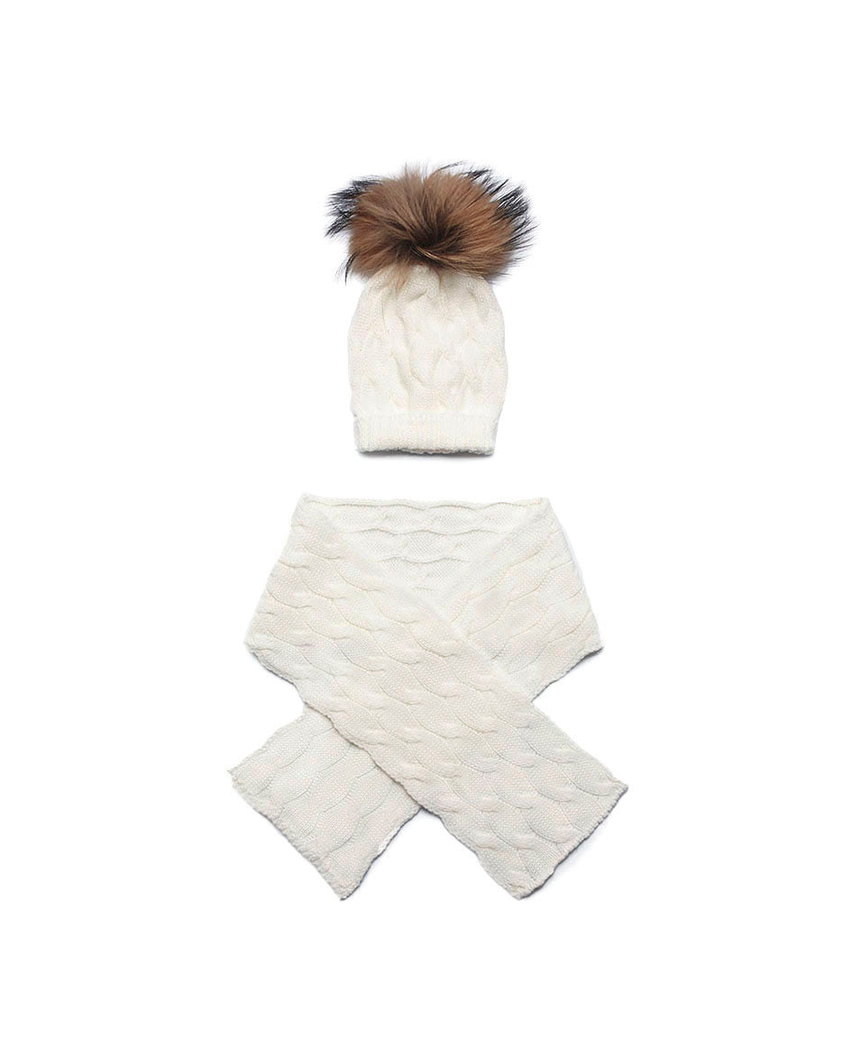BRAIDED KNITTED SCARF WITH A NATURAL FUR HAT POMPON 
