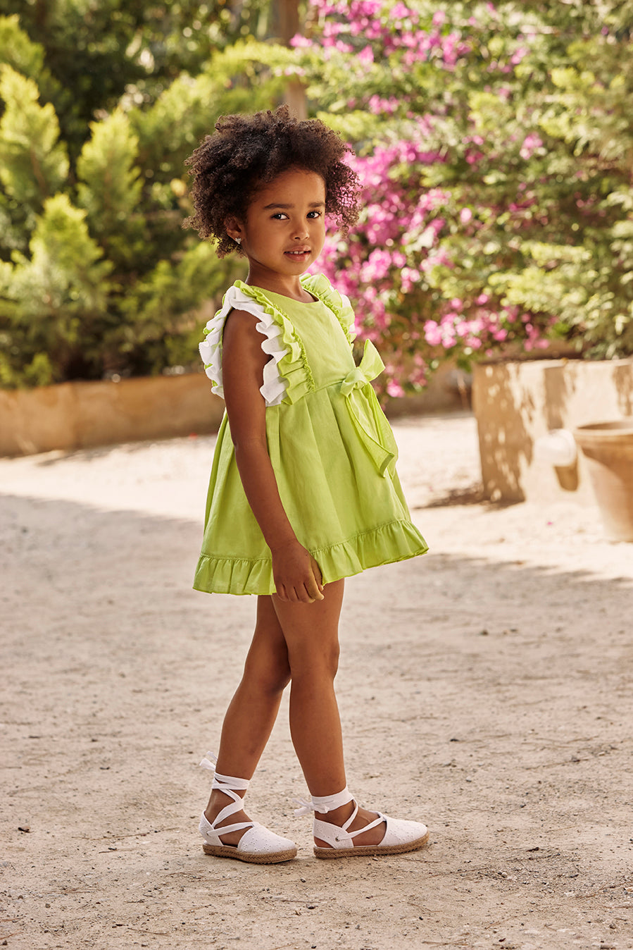 DRESS WITH WAIST SEAM AND TWO SHOULDER RUFFLES