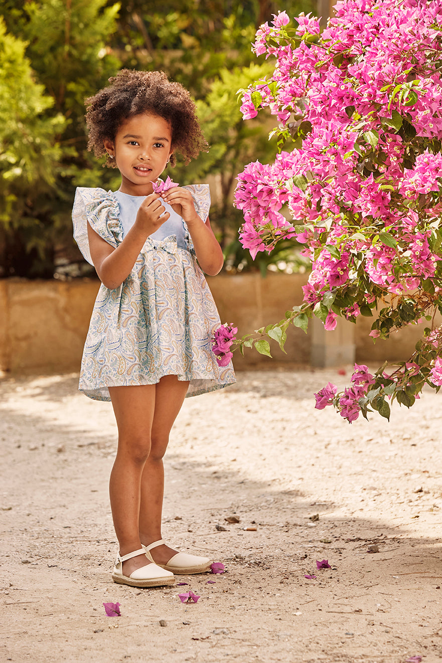 WAIST-CUT DRESS WITH SHOULDER FRILLS AND PAISLEY PRINT 