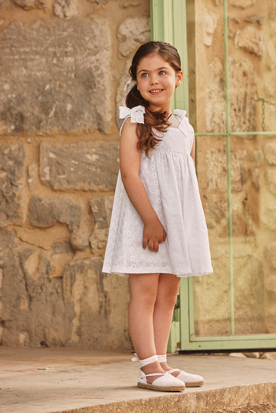 DRESS WITH WAIST SEAM, LACE DETAIL AND TWO BOW-TIED SHOULDER STRAPS 