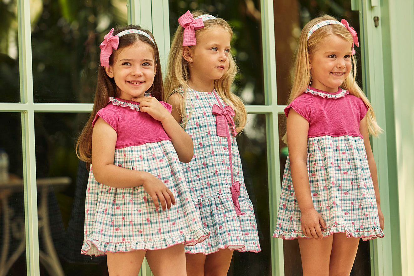 DRESS WITH KNITTED BODICE AND CHECKERED FABRIC SKIRT 