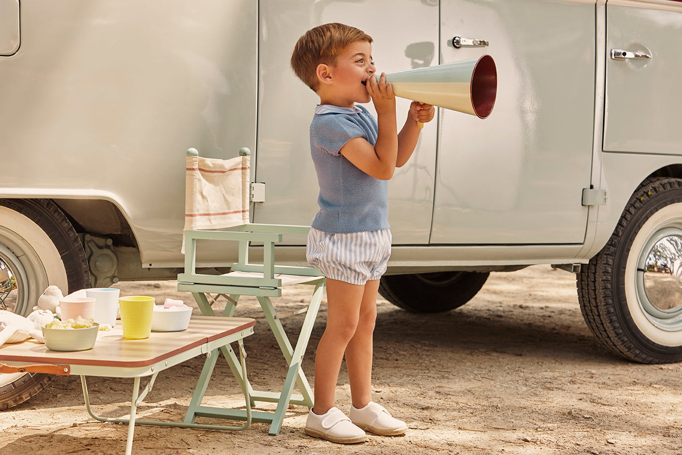 BABY KNIT SET WITH STRIPED FABRIC SHORTS 