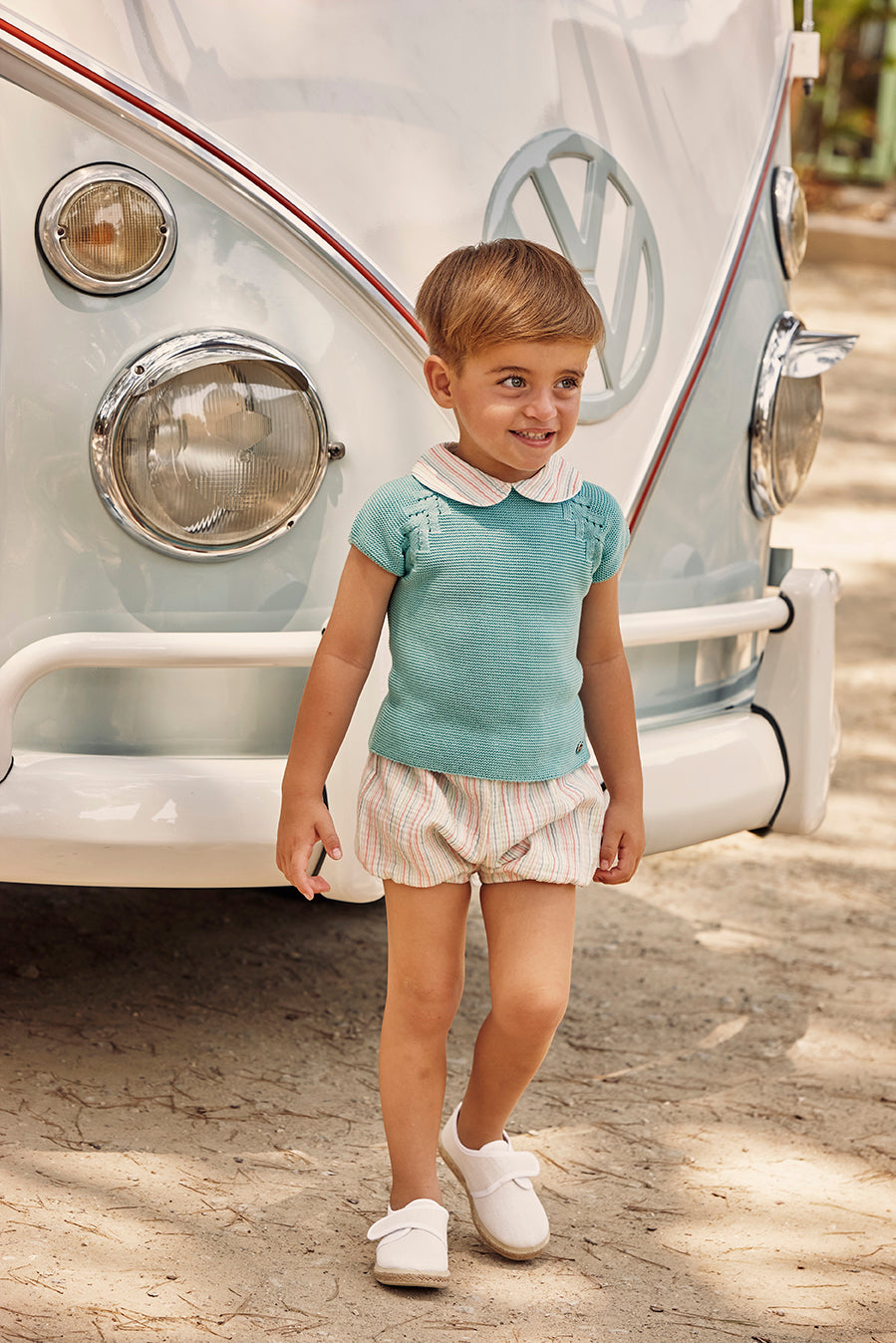 BABY KNIT SET WITH FINE STRIPED FABRIC SHORTS 