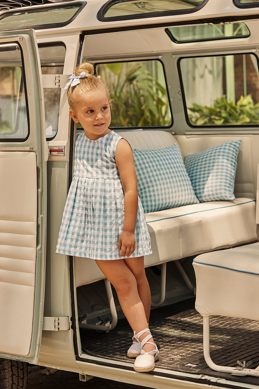 GINGHAM DRESS WITH WAIST SEAM AND OPEN BACK DETAIL