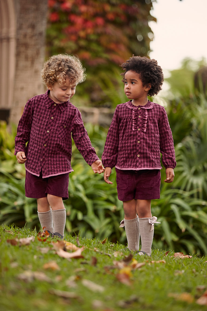 COMPLETO BAMBINA: CAMICIA A SCACCHI E PANTALONI IN VELLUTO A COSTINE