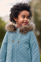 KNITTED COAT WITH DIAMOND PATTERNS AND A NATURAL FUR HOOD 