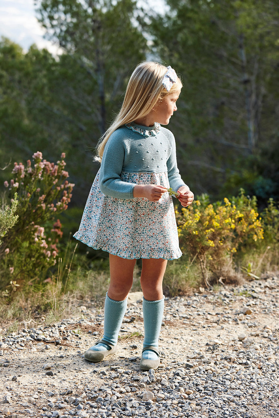 DRESS WITH KNITTED BODICE AND FLORAL FABRIC SKIRT 