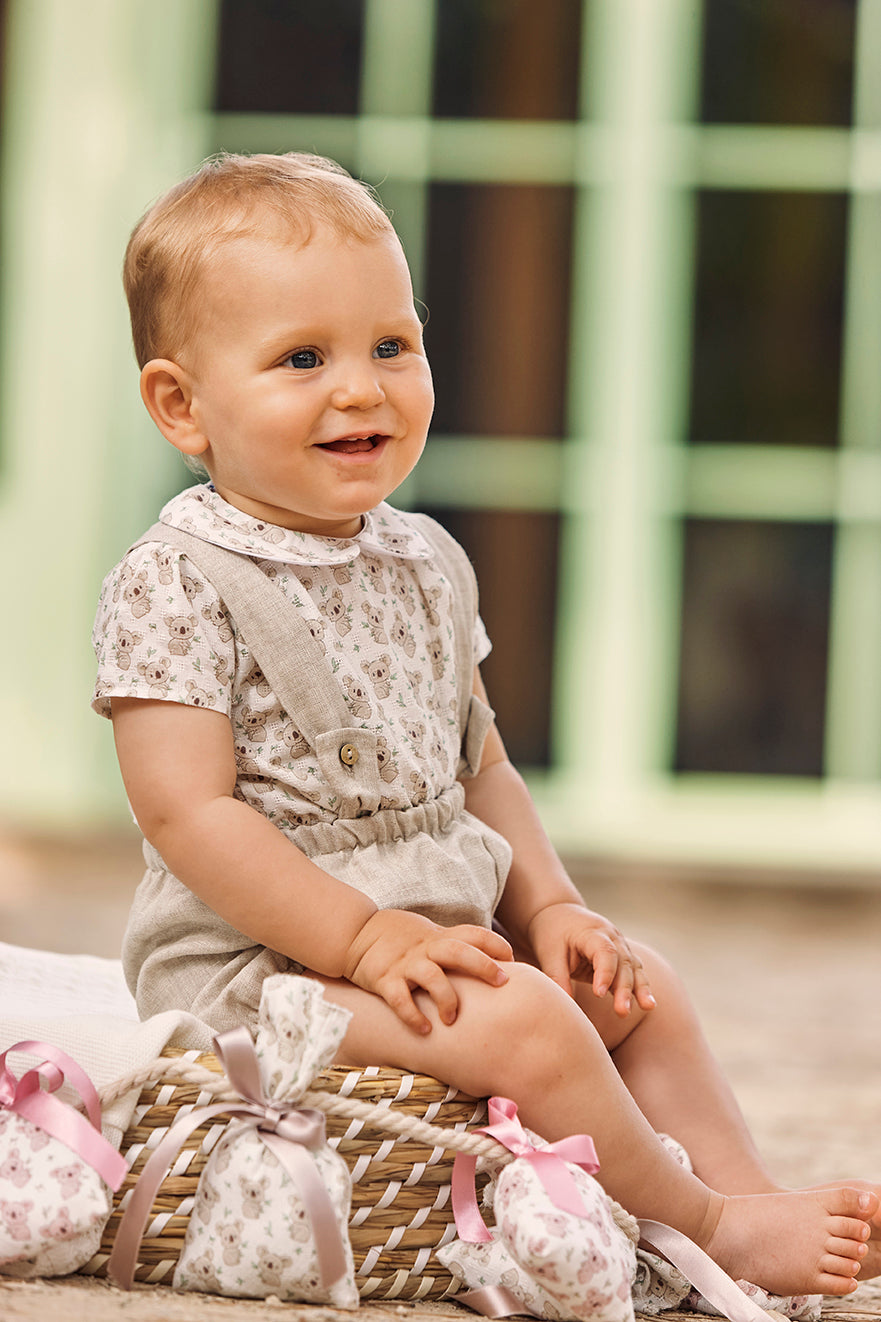 LINEN BABY DUNGAREES WITH KOALA PRINT SHIRT