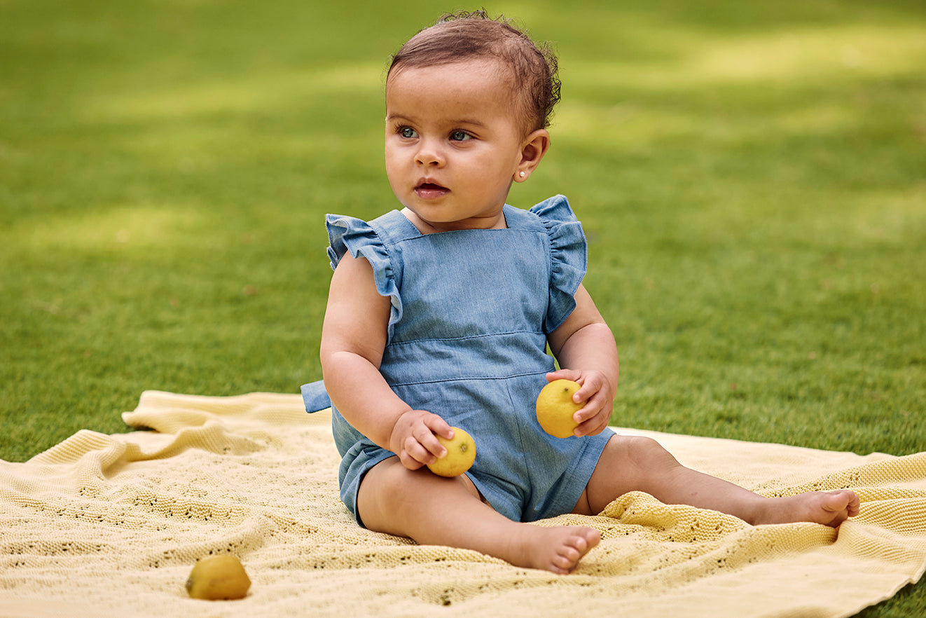 DENIM OVERALL WITH RUFFLE DETAIL 