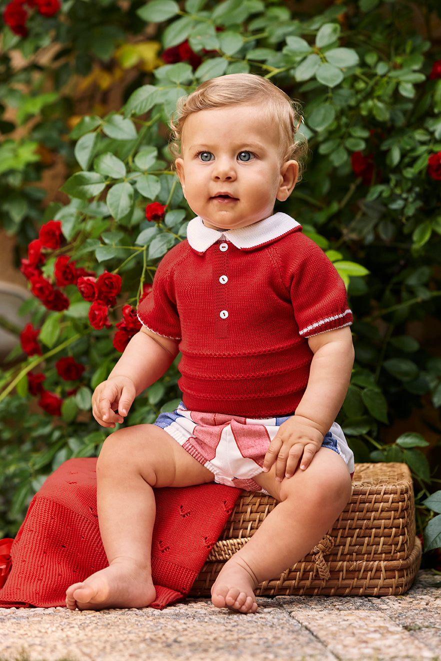 BABY KNIT SET WITH STRIPED FABRIC SHORTS 