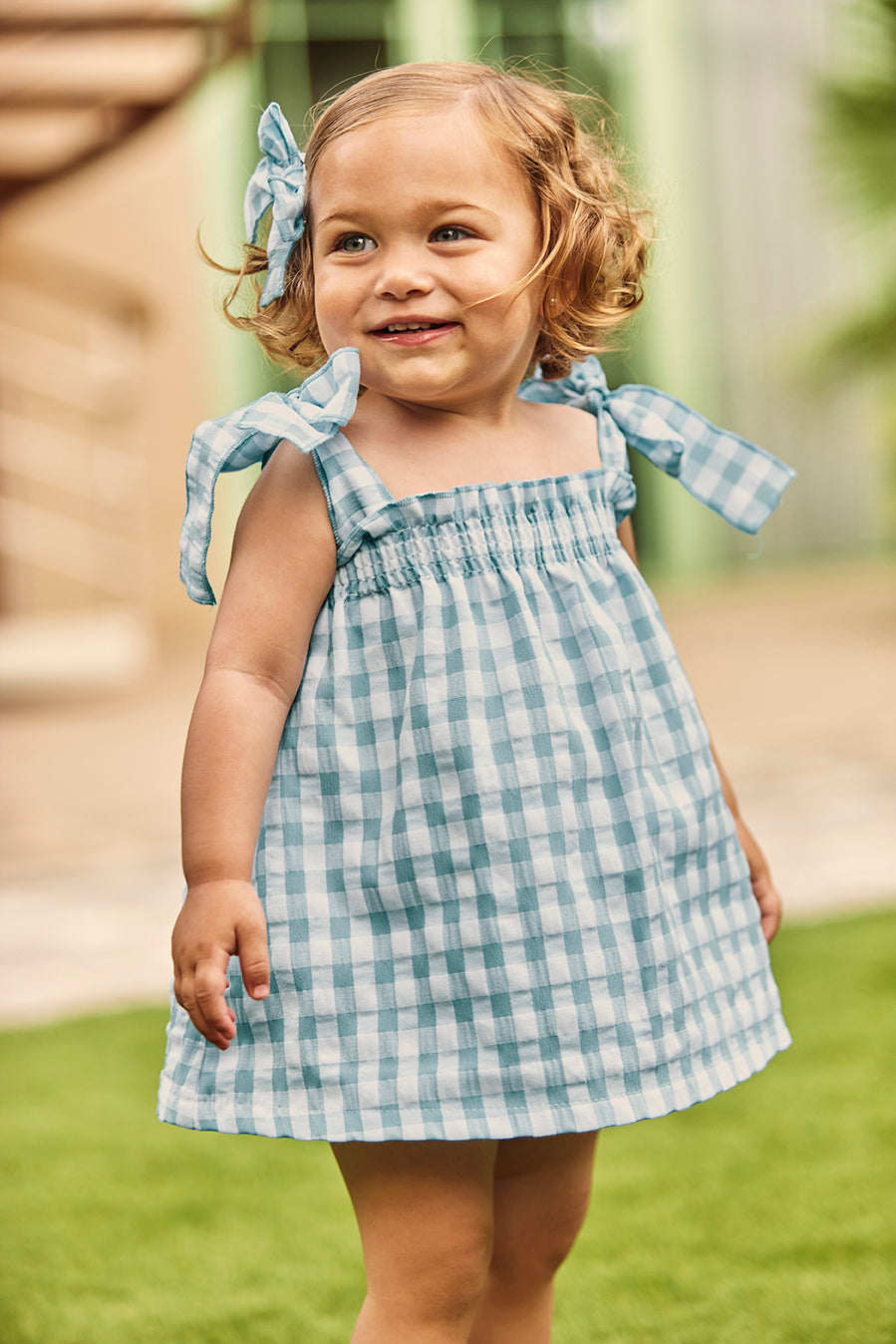 GINGHAM DRESS WITH SMOCKED NECKLINE AND MATCHING BLOOMER
