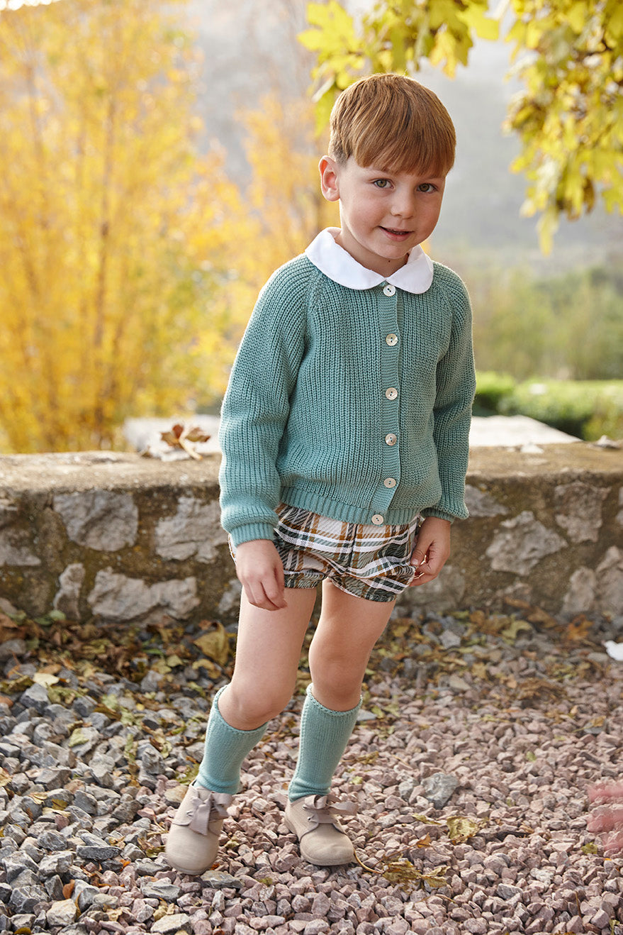 BABY SET WITH CHECKED FABRIC TROUSERS AND KNITTED JACKET 